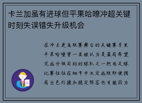 卡兰加虽有进球但平果哈嘹冲超关键时刻失误错失升级机会 卡兰加虽有进球但平果哈嘹冲超关键时刻失误错失升级机会