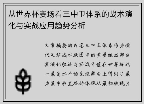 从世界杯赛场看三中卫体系的战术演化与实战应用趋势分析 从世界杯赛场看三中卫体系的战术演化与实战应用趋势分析