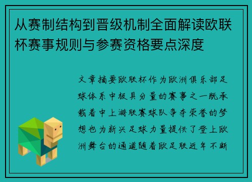 从赛制结构到晋级机制全面解读欧联杯赛事规则与参赛资格要点深度