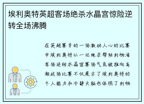 埃利奥特英超客场绝杀水晶宫惊险逆转全场沸腾 埃利奥特英超客场绝杀水晶宫惊险逆转全场沸腾