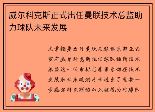 威尔科克斯正式出任曼联技术总监助力球队未来发展